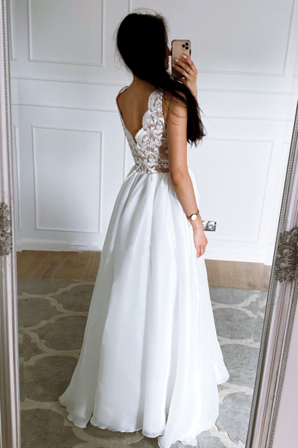 A-Line White Satin V-neck Long Sleeve Backless Wedding Dress With Bow